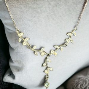 Silver Tone CZ Pendant Necklace Y-Drop Leaves Floral Vintage